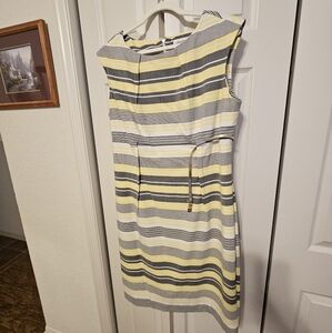 Calvin Klein Yellow and Gray Pleated Sheath Dress